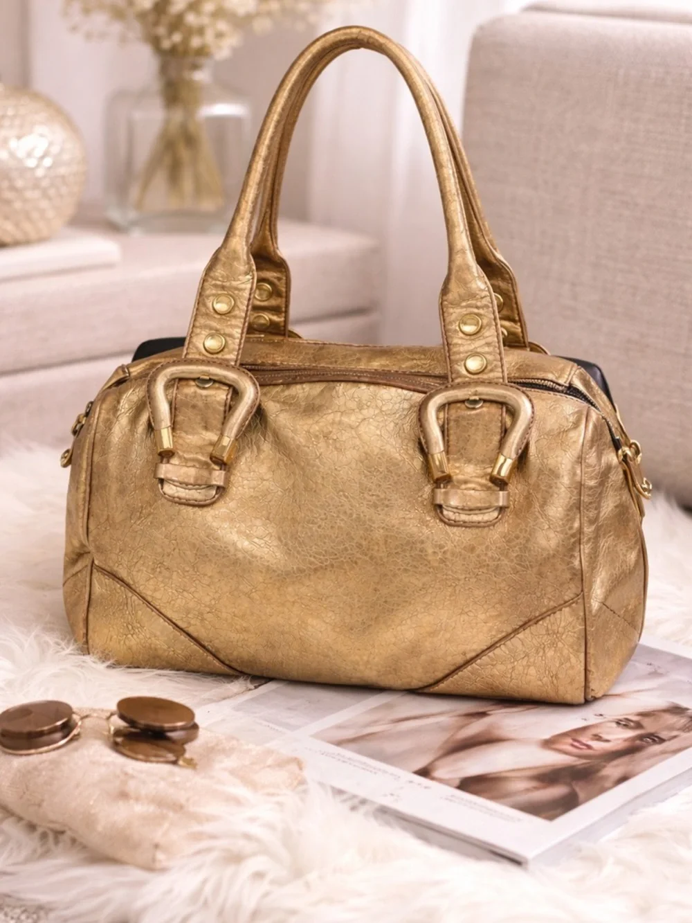 Francesco Biasia Gold Metallic Leather Satchel Shoulder Bag Structured handbag
